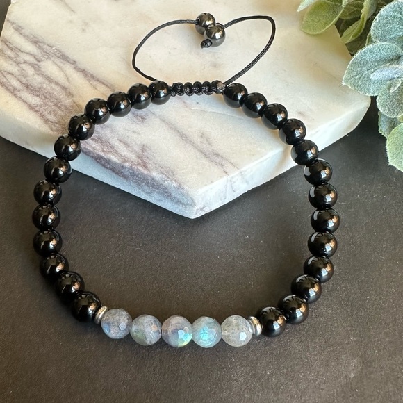 Labradorite Bracelet black tourmaline adjustable macrame - Picture 5 of 6